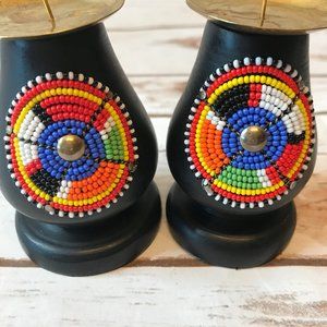 Handmade Beaded Wood Candle Holders